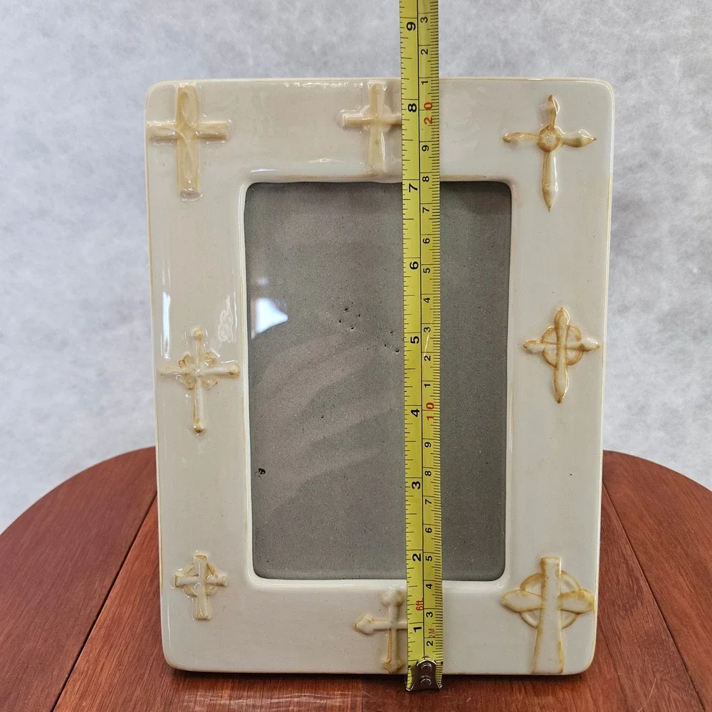 Fetco Home‎ Decor Cream Ceramic Photo Frame with Raised Cross Embellishments